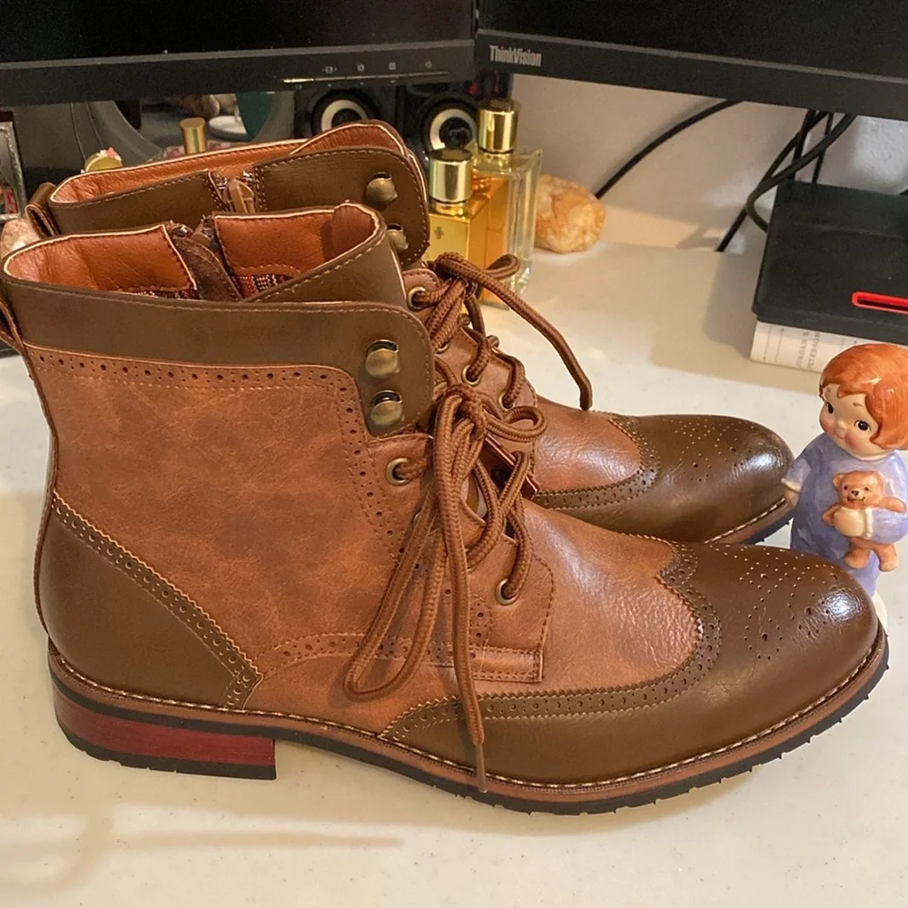 Men's Brown Lace Up Wing Tip Perforated Dress Ankle Boot